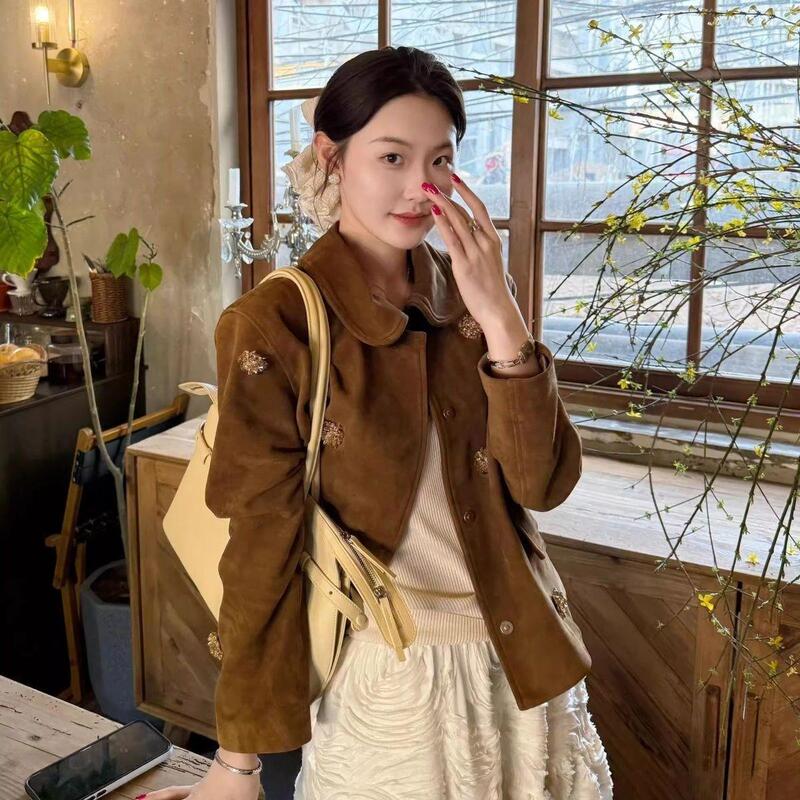 Qianjin Maillard Women's Short Coat, High-End Suede, 2026 Spring Jacket, French Doll Collar, Beaded Top