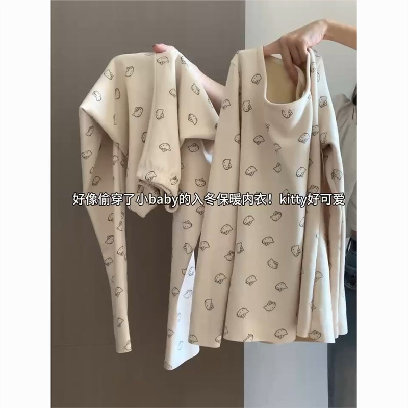 Cartoon Printed Kt Thermal Intimates for Women in Autumn and Winter German Velvet Pajamas for Women Autumn Clothes Leggings Dormitory Home Clothes Set
