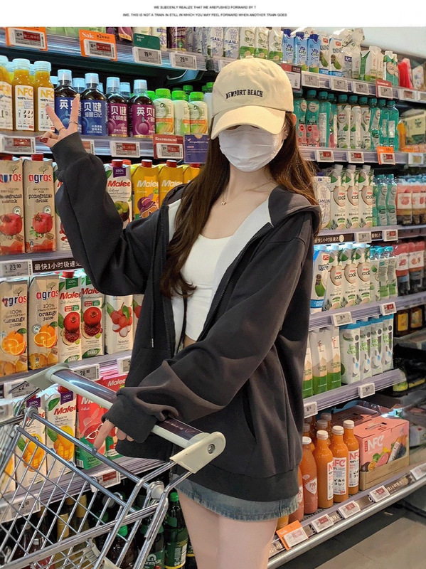 外套女2025新款爆款韩系连帽秋季卫衣女款灰色开衫上衣慵懒风女装|undefined