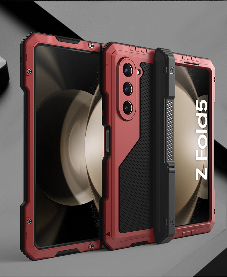 Ốp lưng Samsung Z Fold4/Fold5 kim loại ba lớp chống sốc, chống bụi, có chân đế — đen, đỏ chi tiết 13