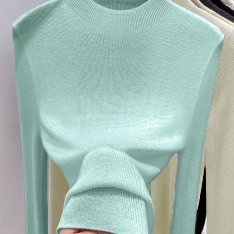半高领羊毛针织打底衫女秋冬套头毛衣洋气薄荷绿修身内搭长袖上衣
