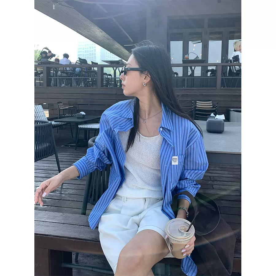 黄峥 韩系风条纹叠穿衬衫小众长袖时尚气质减龄衬衣上衣女520617