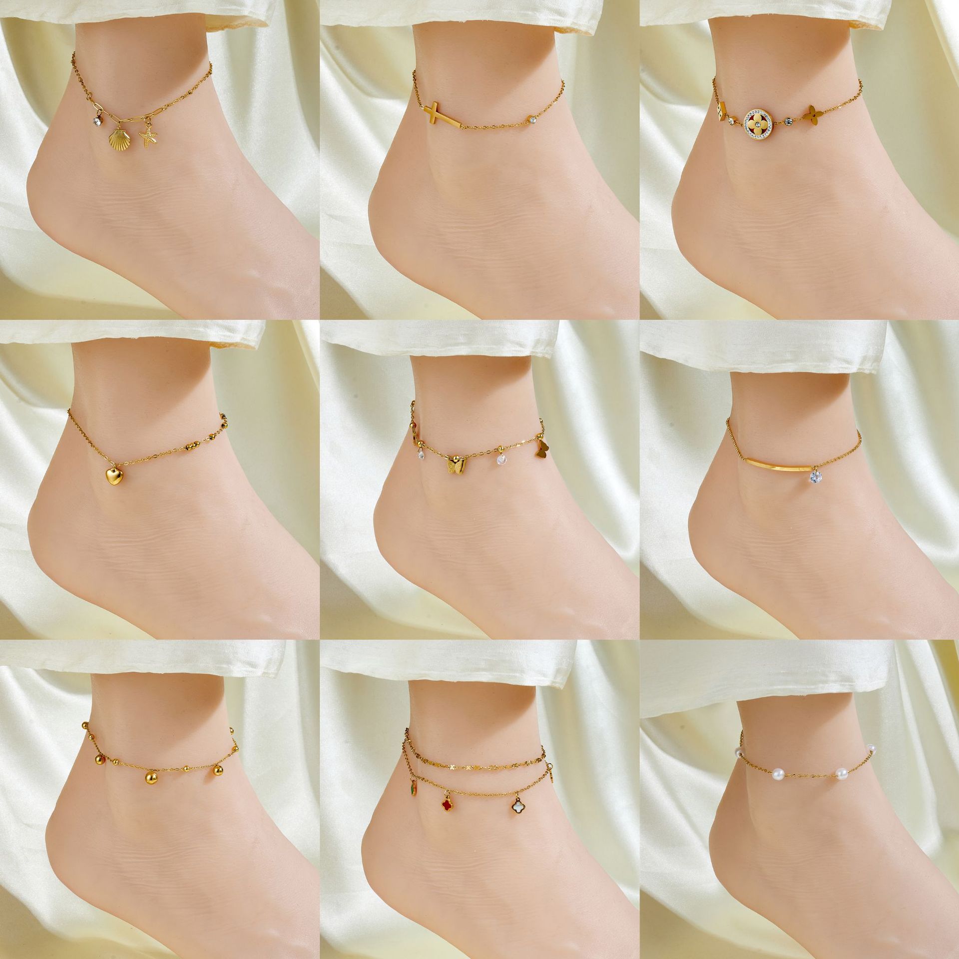 Cientos de tobilleras, tobilleras de lujo simples y ligeras, sentido femenino, accesorios de celebridades de Internet, temperamento de moda dorado de 18 quilates, cadena de pie de acero de titanio sexy