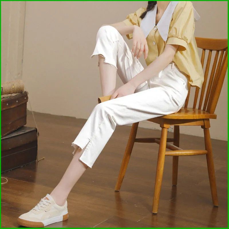 Ripped White Straight Pants 2024 New Summer Thin Cropped Pants Women's Short Cigarette Pants Slit Jeans