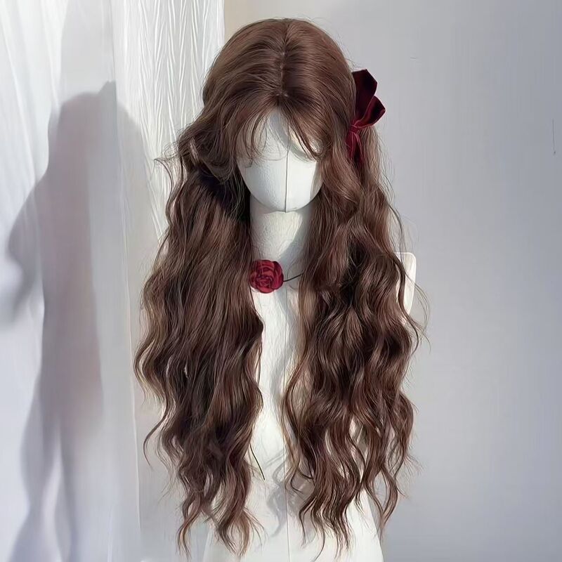 Wig for Women Caramel Warm Brown Wool Curls Lazy Elegant Long Curly Hair with Bangs New Style Full Headband Style
