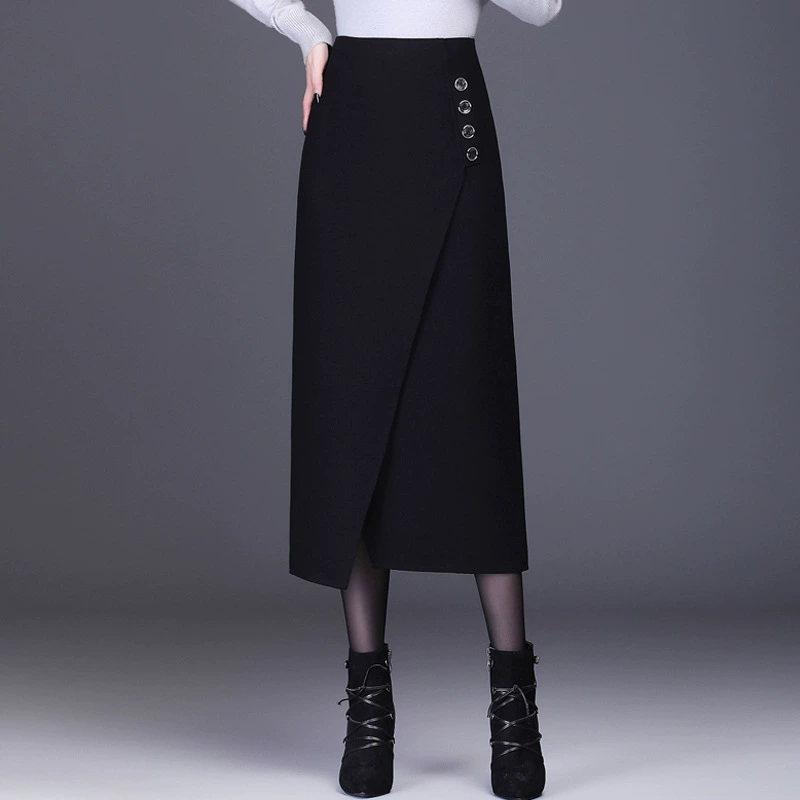 Толстая осенняя и зимняя шерстяная нерегулярная юбка с открытыми ягодиц юбка одна ступенька женская зимняя средняя длинная прямая юбка тонкая юбка