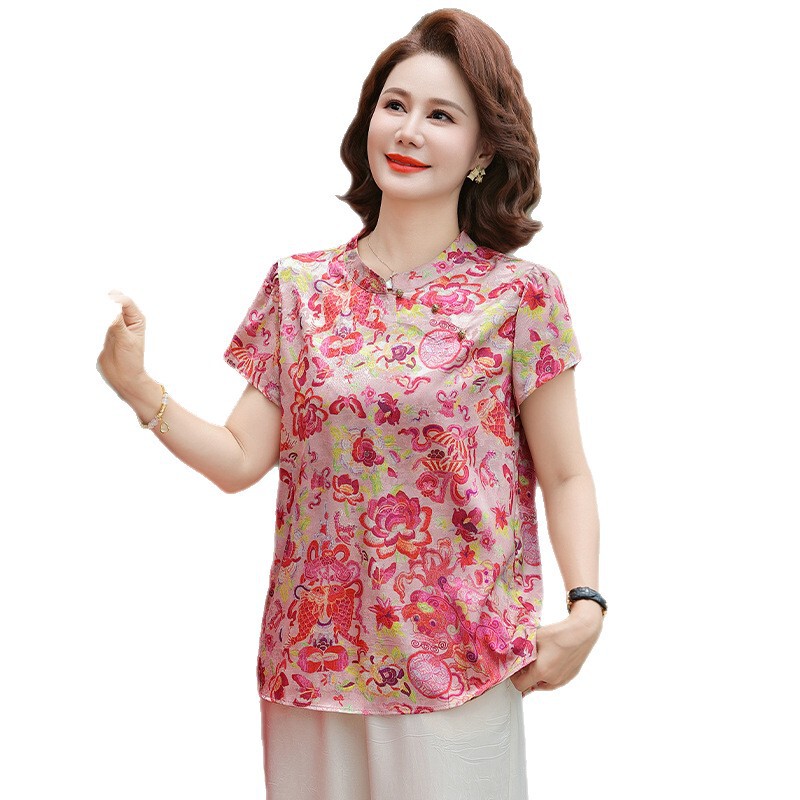 妈妈夏装新中式国风立领小衫2025新款中老年女装夏季短袖T恤上衣|undefined