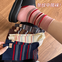 细条纹中筒袜秋季棉袜后跟布标春秋季休闲穿搭无骨棉袜百搭堆堆袜