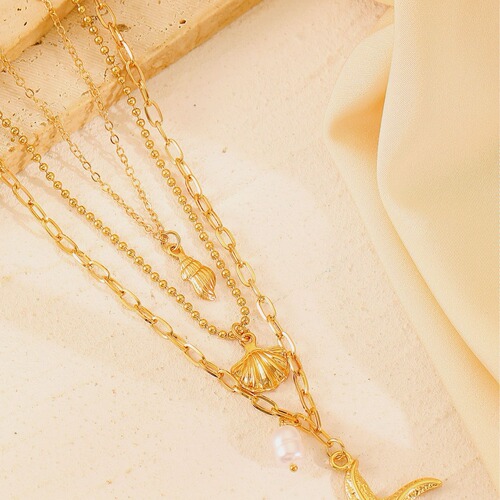 European and American alloy three-layer starfish pearl pendant necklace for women, Bohemian shell ocean accessory, cross-border jewelry