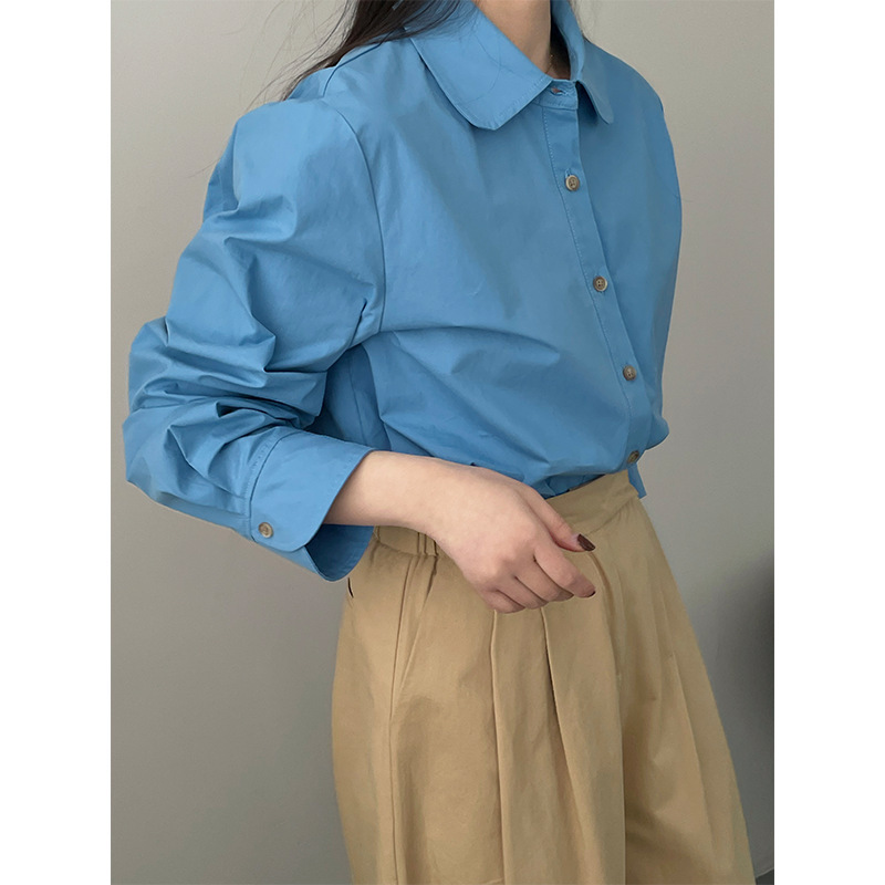 Taochuan [Literary Student] Solid Color Doll Collar Japanese Style Shirt Women's Easiest for Match Single Breasted Washed Cotton Top 2362