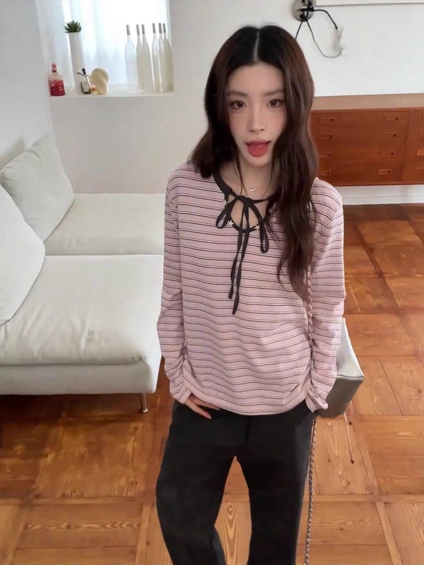 韩系穿搭粉色条纹圆领长袖t恤女秋季宽松慵懒显瘦针织打底衫上衣|undefined