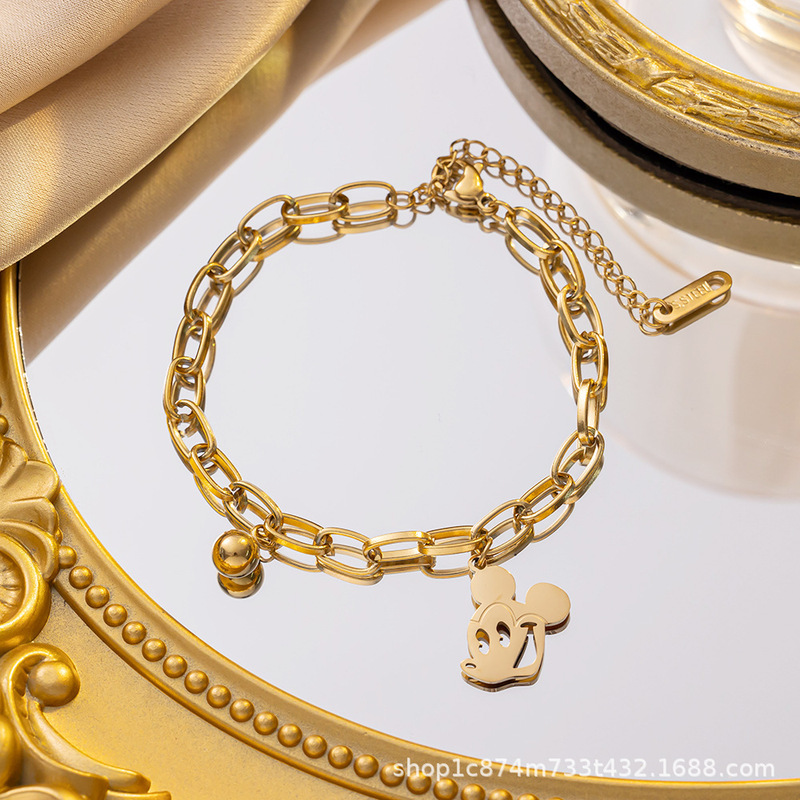 European and American Ins Style Cross-border New Mickey Mouse Small Gold Beads Titanium Steel Bracelet Women's Fashion All-match Bracelet Color-free European and American Ins Style Cross-border New Mickey Mouse Small Gold Beads Titanium Steel Bracelet Women's Fashion All-match Bracelet Color-free
