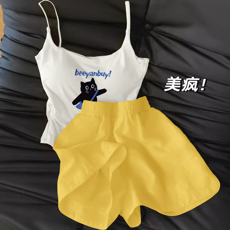 女性用胸パッド付きピュアデューティパジャマ、サマーサスペンダーイン韓国風ベストショーツ、夏に屋外で着用可能、ホームウェアセット|undefined