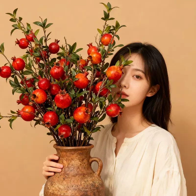 仿真花石榴果假花新年家居装饰发财果柿子果树枝客厅餐桌玄关装饰