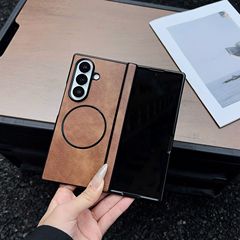 Samsung ZFold7 携帯電話ケース ZFold6 左右折りたたみ ZFold5 レザーテクスチャーケースに適したクロスボーダークレイジーホースパターン磁気吸引