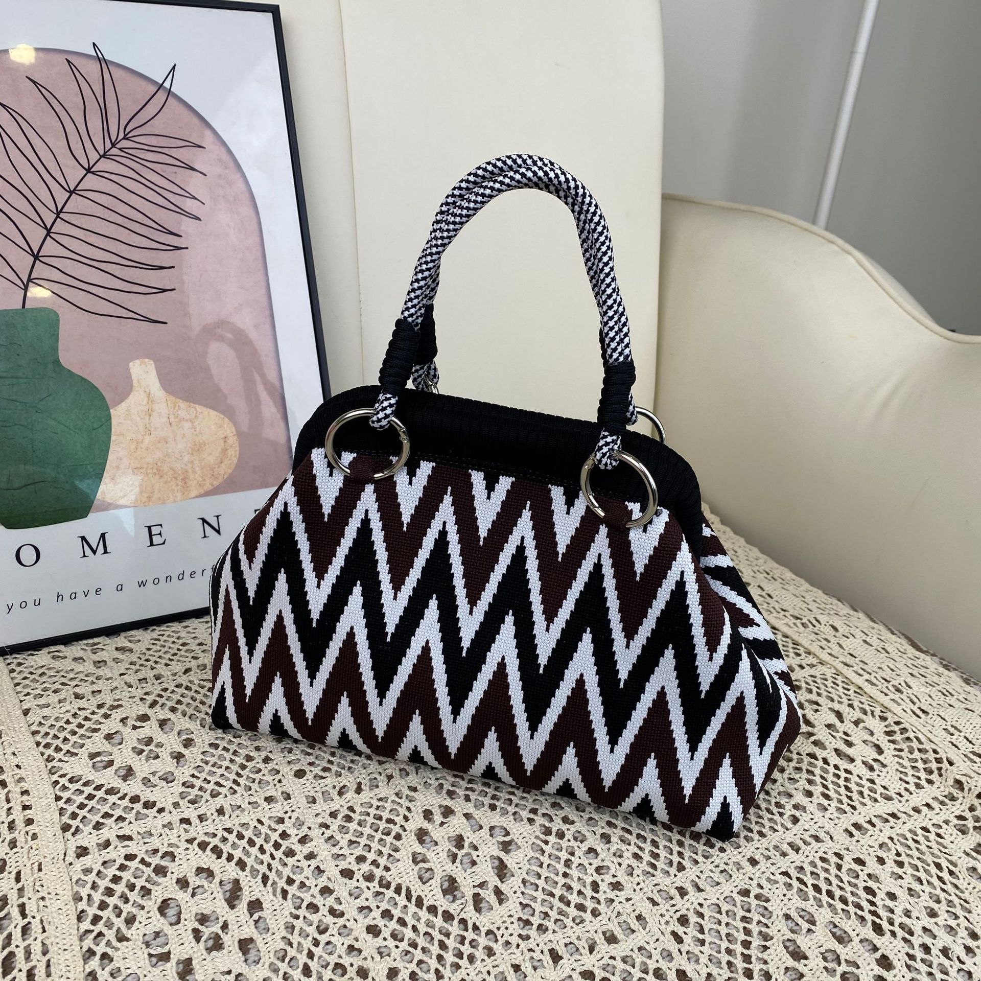 Floral Woven Rope Handle Dumpling Top Handle Bag 15