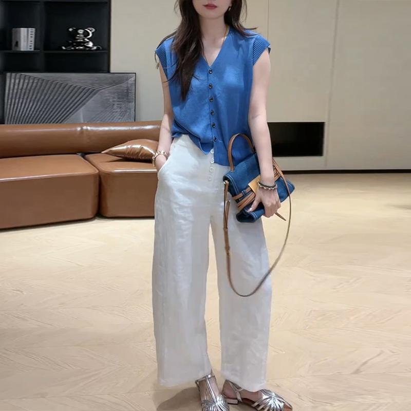 简约纯色单排扣V领针织衫短袖女2025新款夏季气质百搭设计感上衣|undefined