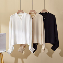 意大利LP春夏新款衬衫简约宽松气质优雅百搭钉珠灯笼袖真丝上衣女