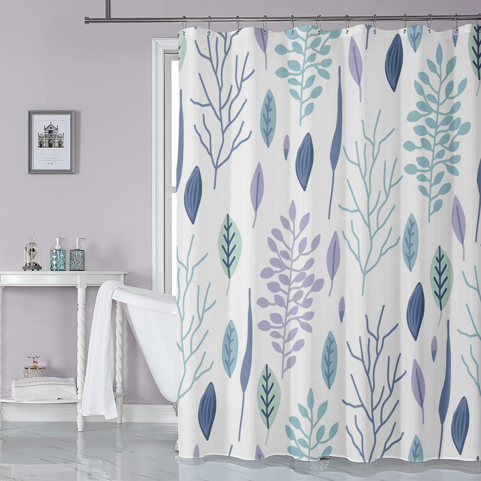 Digital Printing Shower Curtain Bathroom Waterproof Anti-fog Anti-mold Partition Curtain Drill-free Cross-border E-commerce Exclusive Supply