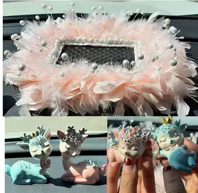 Floral Deer Car Ornament with a High-End Feel, Dashboard Safe Journey Car Decoration, Internet Celebrity Accessories for Women, Aromatherapy (Car ornaments) - two-large-and-two-small-with-long-pearl-feather-cushion
