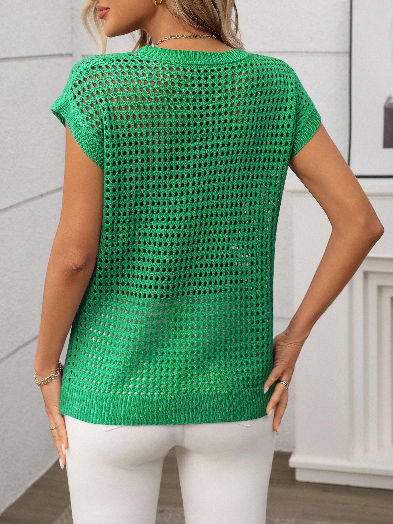 Summer Women Clothing Women round Neck Hollow Out Cutout Sun Protection Knitted Sweater Blouse