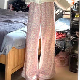 复古加厚宽松碎花糯米裤女新款秋冬高腰直筒慵懒休闲拖地裤子女