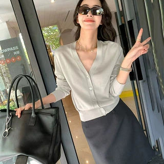 薄款天丝针织开衫女V领薄款防晒外搭纯色上衣长袖短款外套小个子