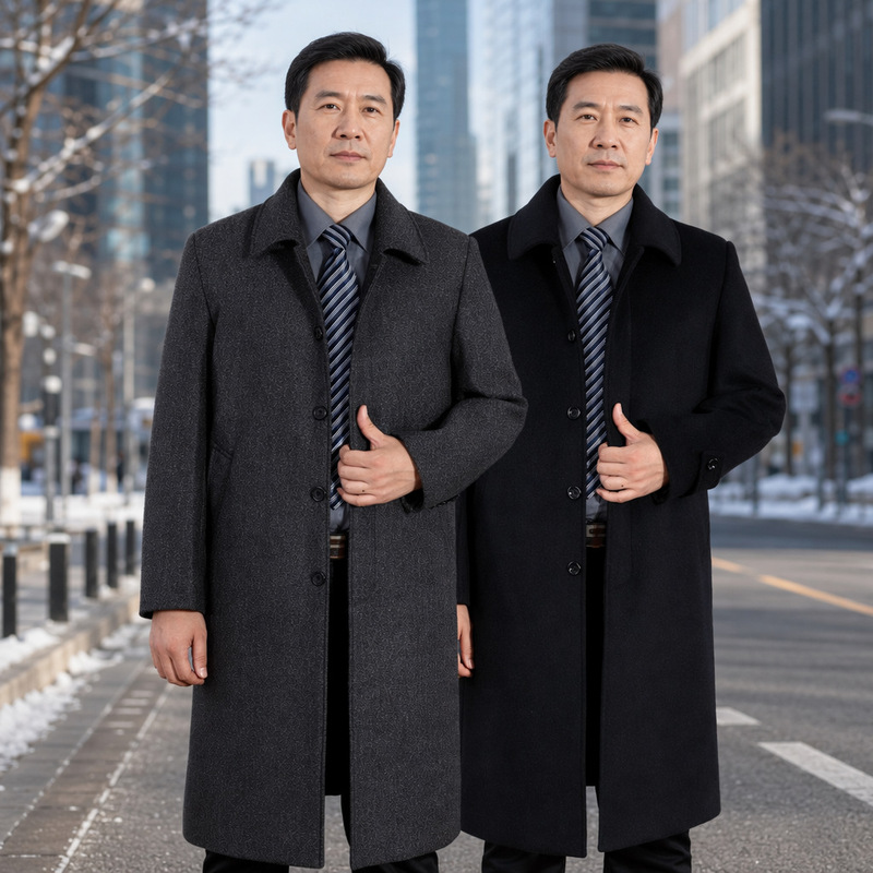 Men's Woolen Coat Middle-aged and Elderly Woolen Coat Over-the-Knee Long Woolen Coat Dad's fleece-lined Thickened Winter Wear for Men Men's Woolen Coat Middle-aged and Elderly Woolen Coat Over-the-Knee Long Woolen Coat Dad's fleece-lined Thickened Winter Wear for Men