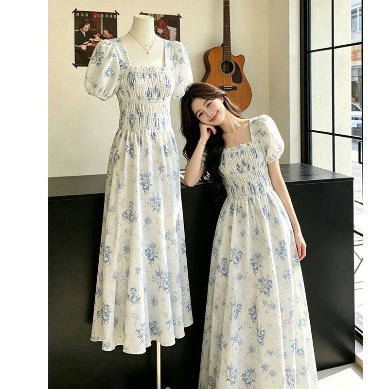 Summer Cute Mori Girl Long Dress, Blue French Floral Dress, Gentle, Sweet, Fresh, Mid-Length Dress Summer Cute Mori Girl Long Dress, Blue French Floral Dress, Gentle, Sweet, Fresh, Mid-Length Dress