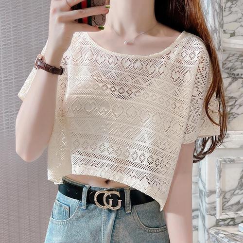 Women's Summer Thin Strap Dress with Overcoat, Cover-up Top, Short-Sleeve Sun Protection Hollowed Out Lace Net Tank Top