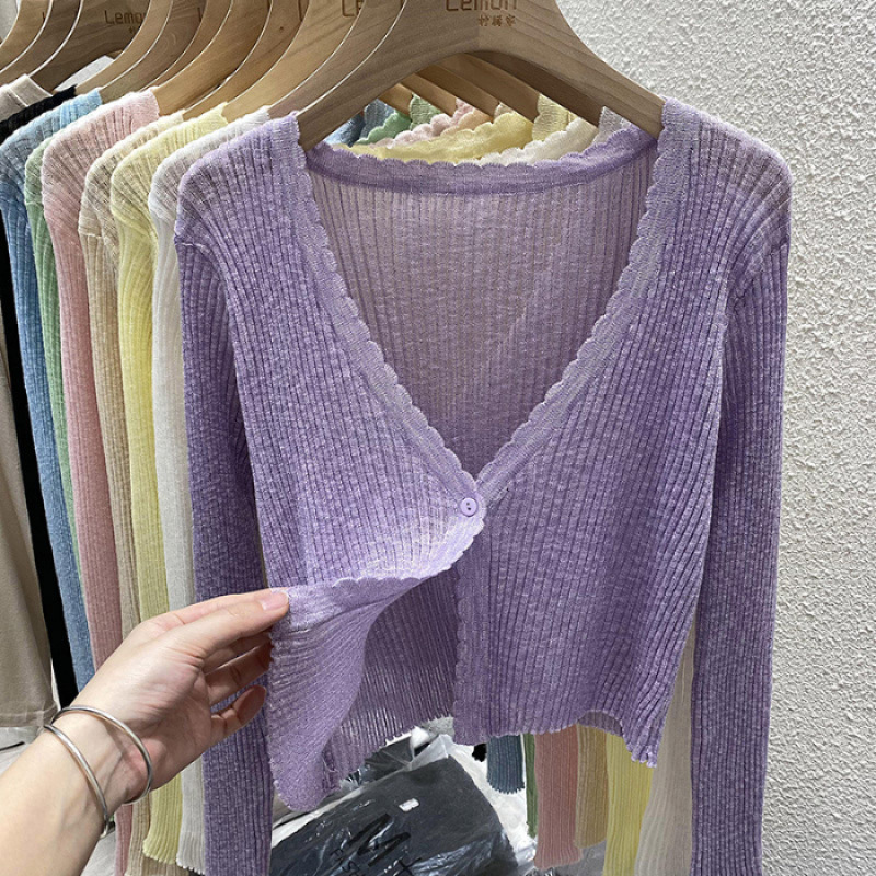 女性用の青い薄いニットアイスシルクカーディガン、夏のサスペンダースカート、空調シャツ、日焼け止めショールトップ、女性用ブラウス|undefined