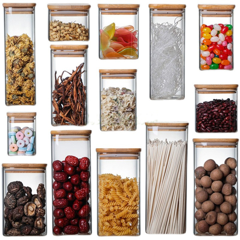 Frasco de vidrio para almacenamiento con tapa de bambú, frasco para almacenamiento de granos a prueba de humedad, frasco de vidrio de borosilicato alto, frasco cuadrado para té