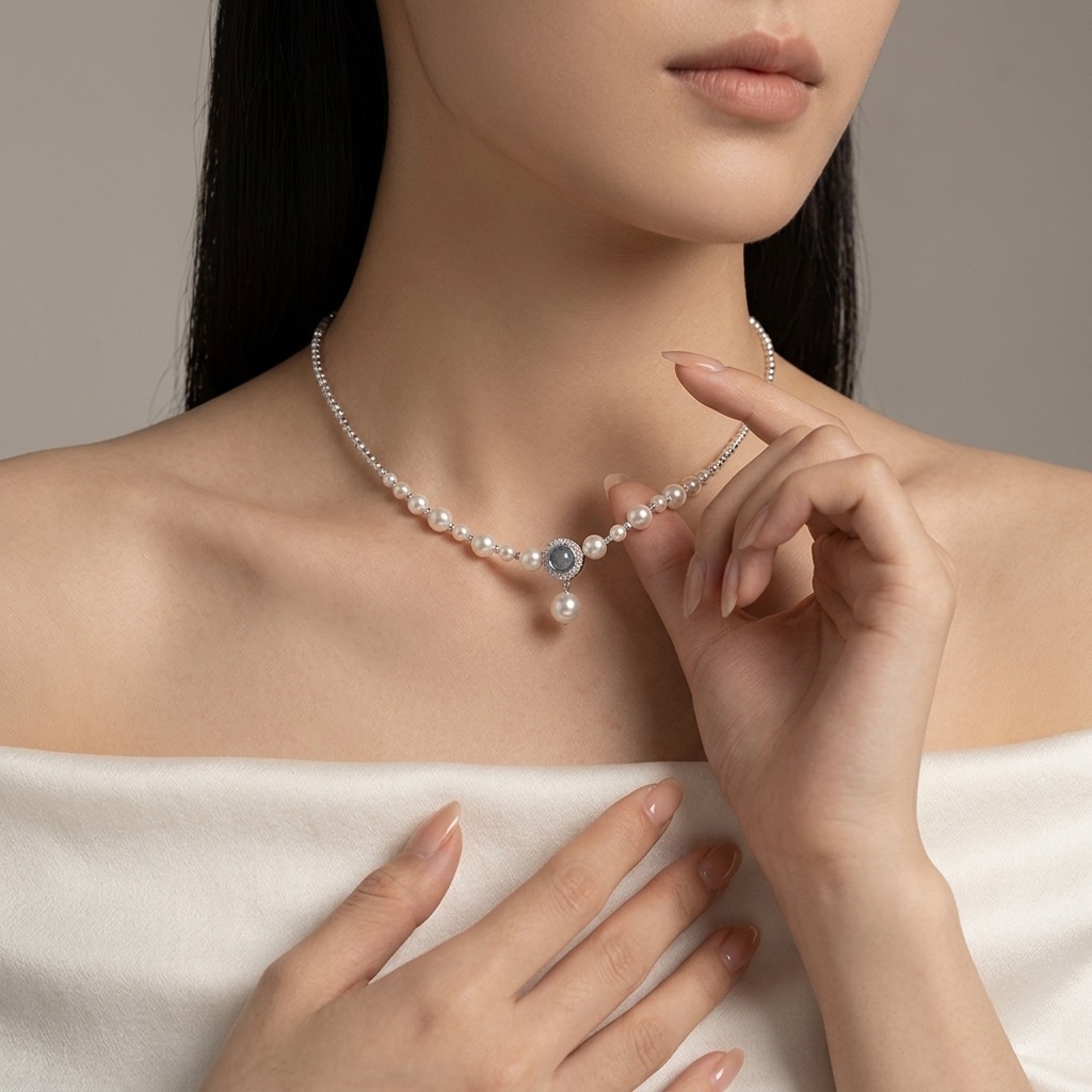 In-Stock Wholesale Aquamarine Light Luxury Elegant High-End Clavicle Chain Women's Niche Accessory Silver and Pearl Necklace