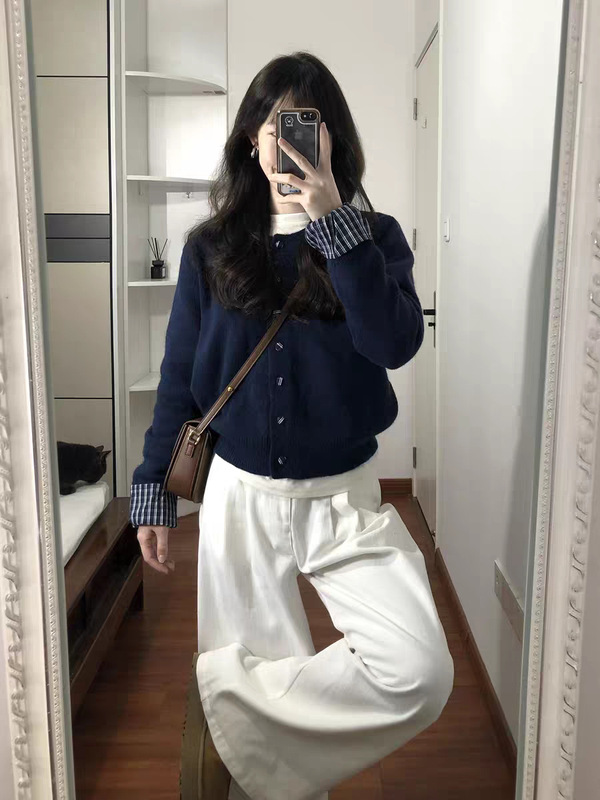 假两件藏蓝色软糯针织开衫春秋季新款韩系慵懒风毛衣外套女上衣|undefined