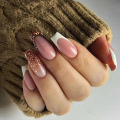 Long-handle ballerina nail with explosive gold glitter, French-style fashionable hot girl nail art, suitable for ladies, Western and Eastern INS-style nail sheet