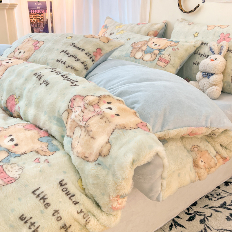 2024 nuevo traje de cuatro piezas de felpa de conejo de invierno más terciopelo de lana de leche franela de coral funda de edredón sábana de invierno