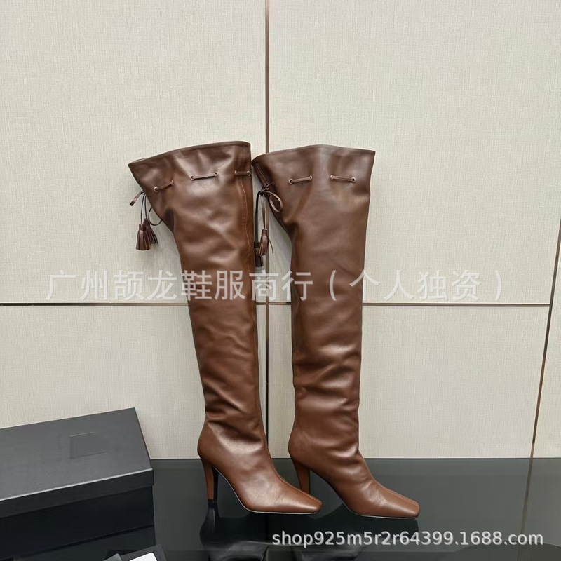 高端2025欧美新款时髦方头高跟过膝长靴女真皮流苏绑带褶皱堆堆靴|undefined