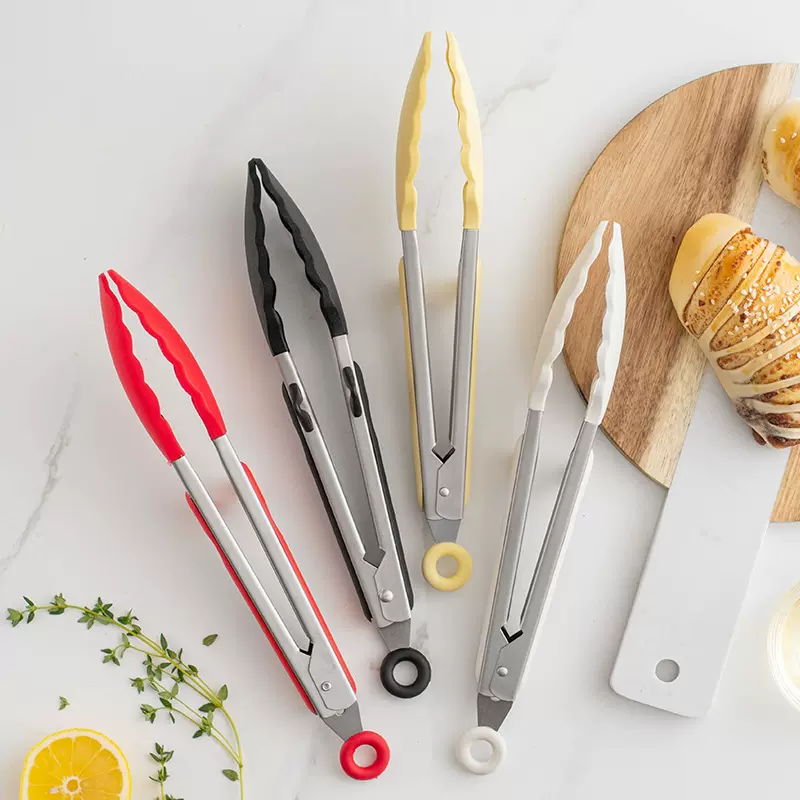 工厂现货9寸带支架硅胶食物夹 家用自助餐耐高温防烫食品夹子