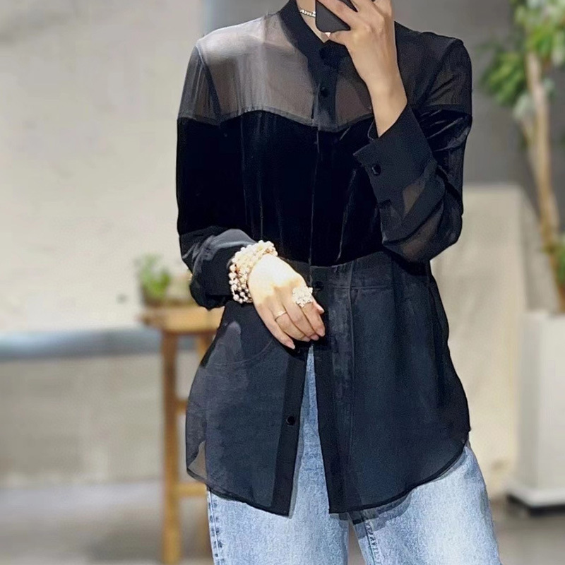 GraceChic GraceChic GraceChic Wom's Fashion Station 25 nuove camicette in velluto di seta patchwork in rete trasparente alla moda europea per_voghion.com