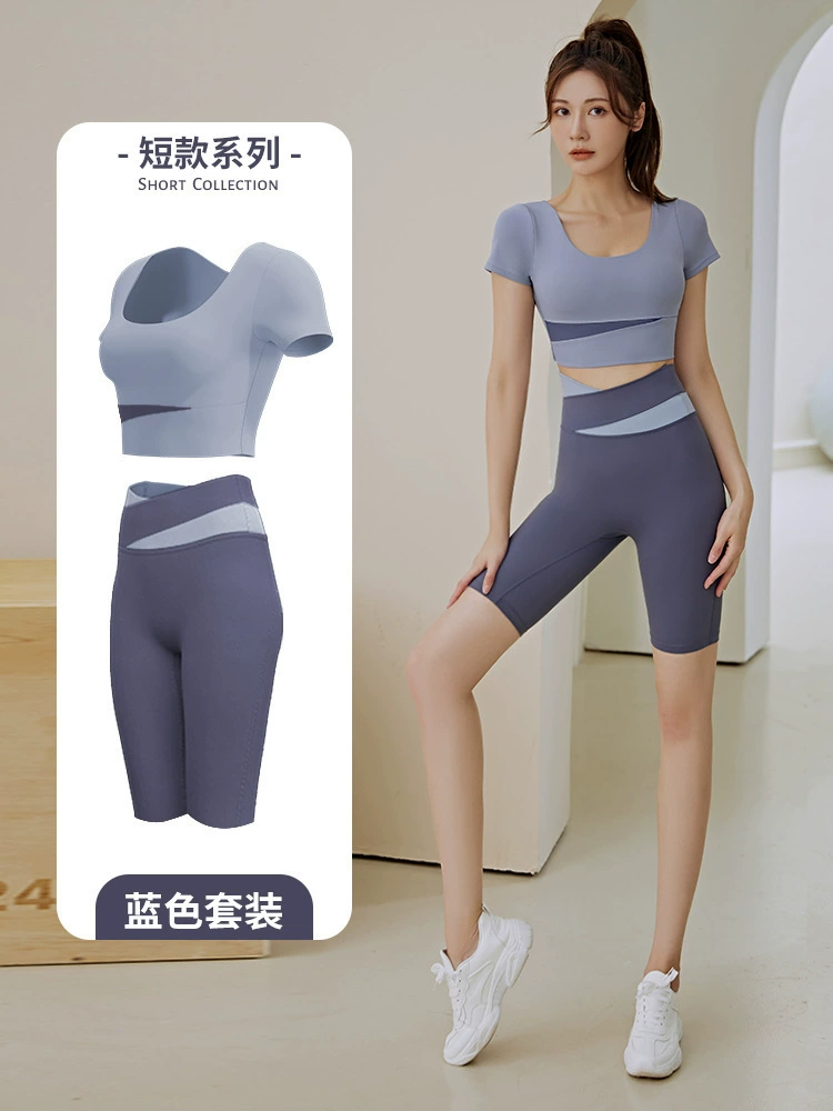  Summer sports breast pads, leggings, trousers for gym, set, with short sleeve, beautiful back