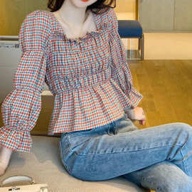 喇叭袖格子衬衫女复古港味2021春装新款韩版宽松收腰衬衣上衣百搭