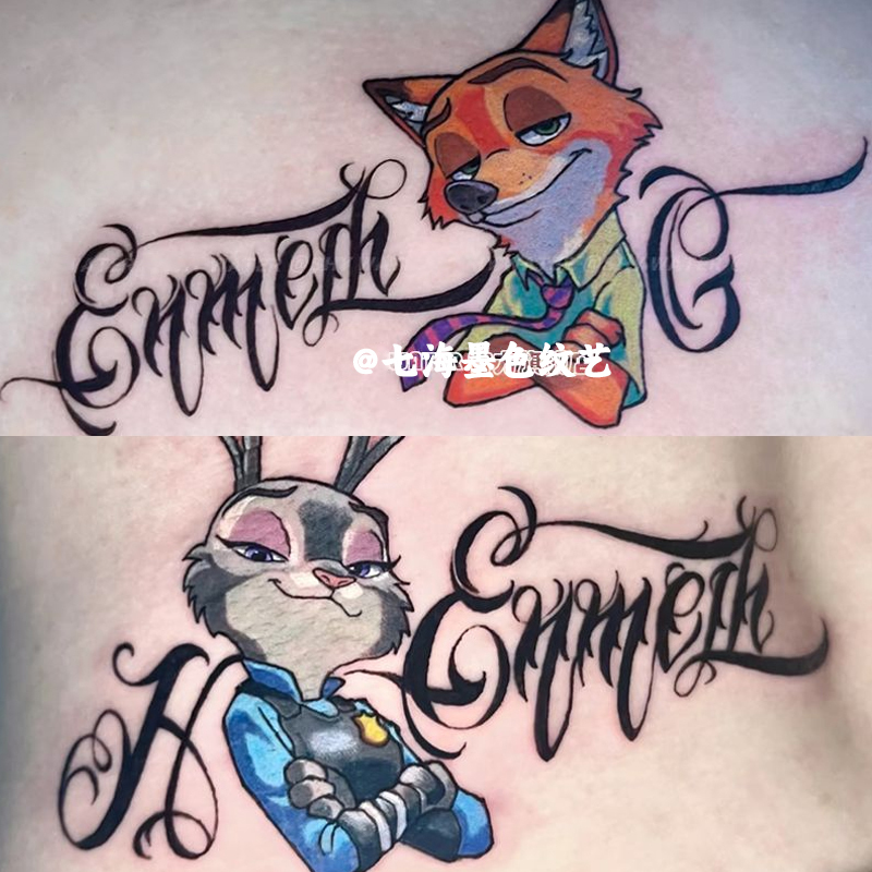 Popular Nick and Judy Colorful Tattoo Stickers for Men and Women, Waterproof and Long-Lasting, Zootopia Cute Anime Couple