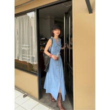 诠释美NEW OPEN牛仔连衣裙女2023夏季法式复古翻领无袖长裙82256