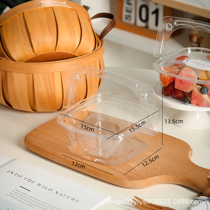 Caja de embalaje de corte de frutas Pastel de postre recién cortado Camping Picnic Excursión de primavera Caja de embalaje desechable portátil transparente