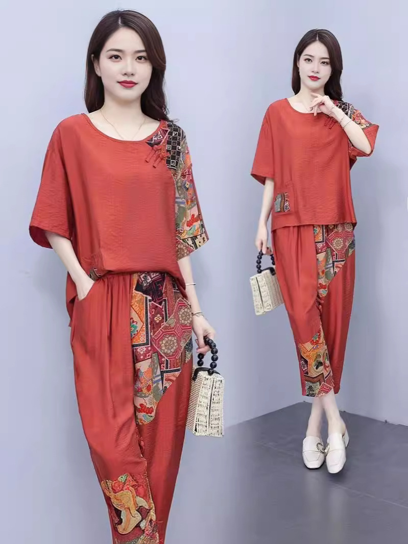 妈妈夏装国风印花棉质两件套夏装中袖T恤中老年人女士民族风套装