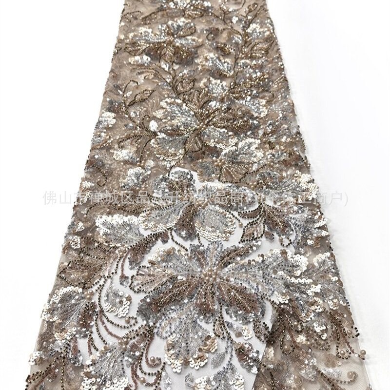 Flores grandes tejidos de malla de cuentas de clavos pesados mezclados color sequela perla bordada vestido de noche vestido de boda image 3