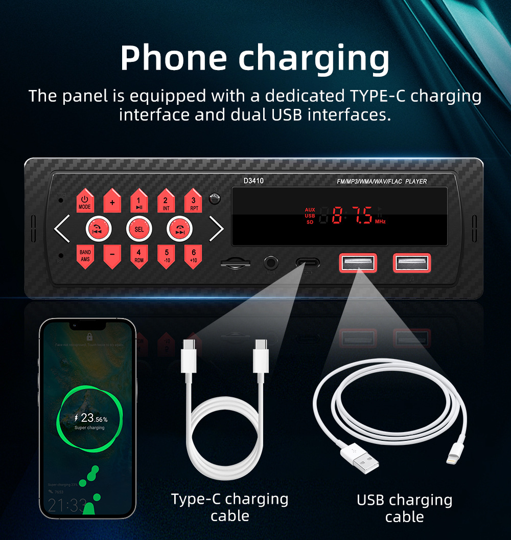 D3410 Red Light Short Model Single Spindle Dual USB Car Bluetooth Mp3 Player Fm Radio 12V Dropshipping