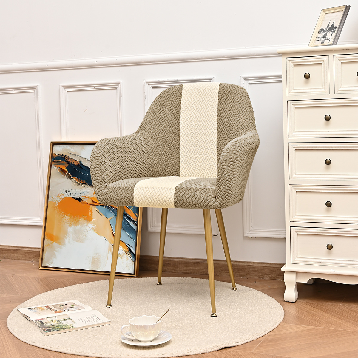 Elástico transfronterizo jacquard T-striped color nuevo cubierta de silla curva a prueba de polvo alto reposabrazos de forma especial cubierta de silla de comedor de hotel