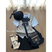 原创JK制服日系软妹学院风叠穿纯色马甲背心女校供感海苔格裙套装