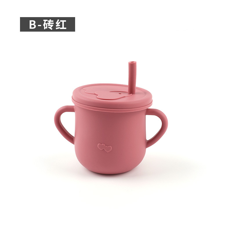 Taza de agua de paja de silicona para niños de grado alimenticio Taza de agua a prueba de caídas Taza de agua de silicona binaural para bebés Taza de silicona para aprender a beber